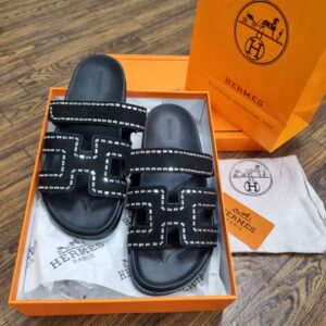 hermès chypre stone embellished sandals d2 – suede luxury flats in pakistan