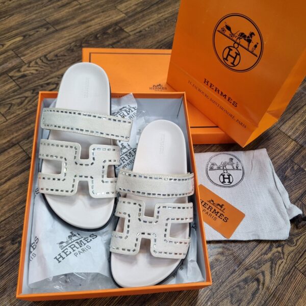 hermès chypre stone embellished sandals d2 – suede luxury flats in pakistan