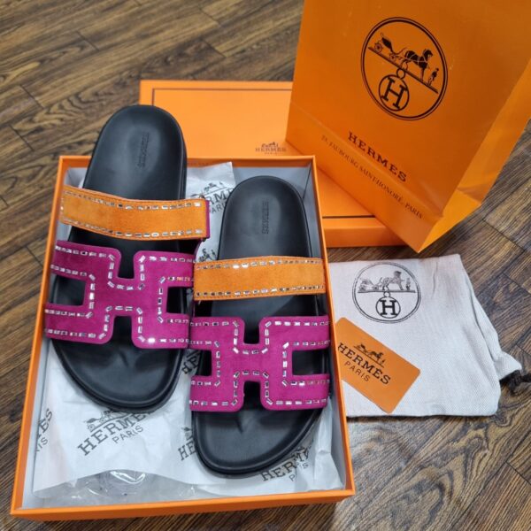 hermès chypre stone embellished sandals d2 – suede luxury flats in pakistan